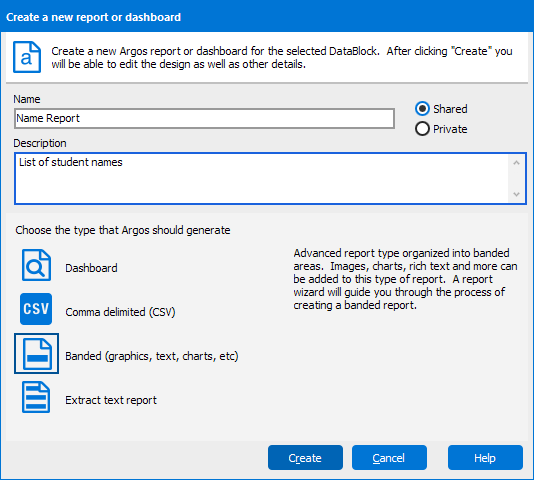 Create a new report dialog with the Report Name and Description filled in.  The Banded Report option is selected.